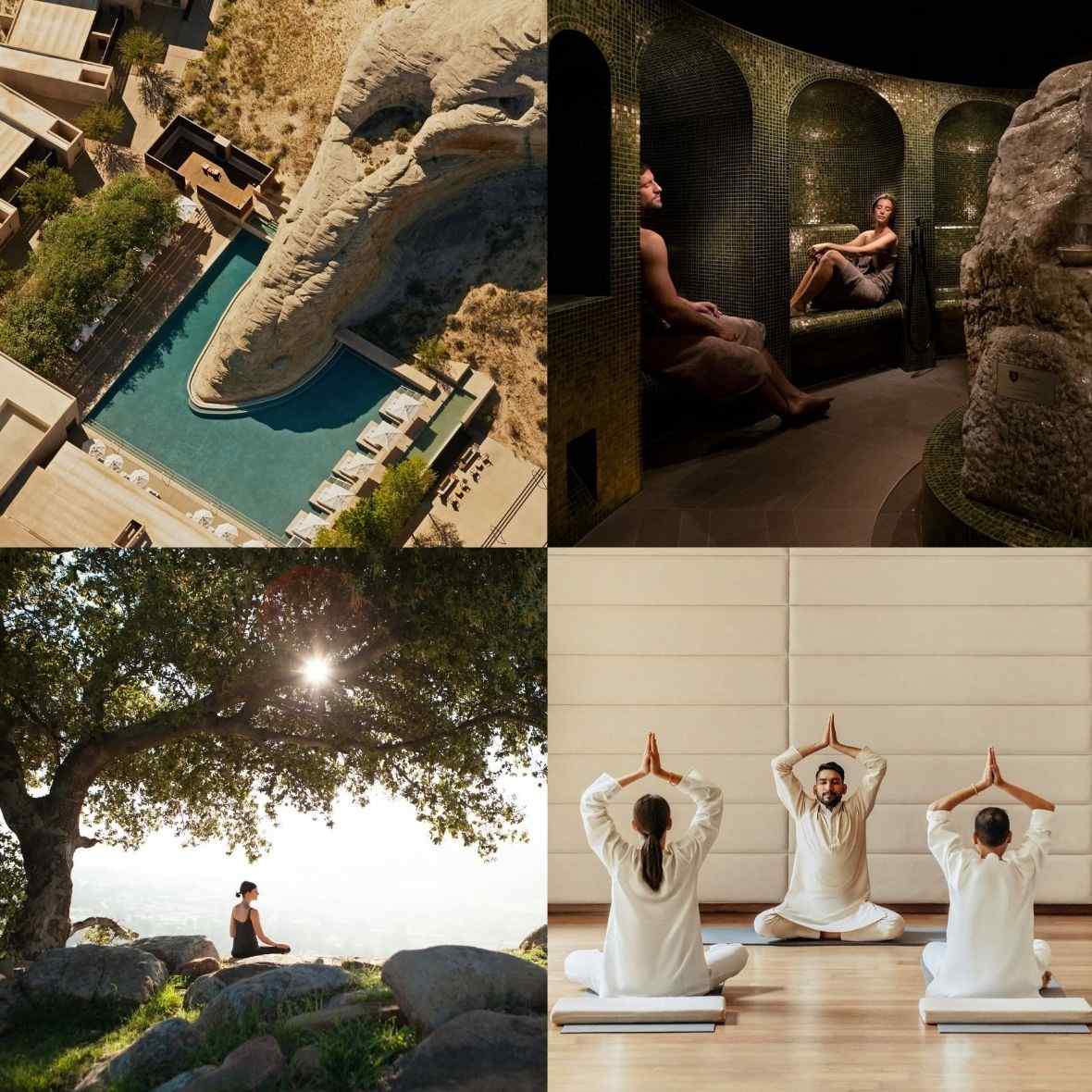 Amangiri, Utah | Bürgenstock Alpine Spa, Switzerland | Bottom Left: Rancho La Puerta, Mexico | Six Senses Vana, India